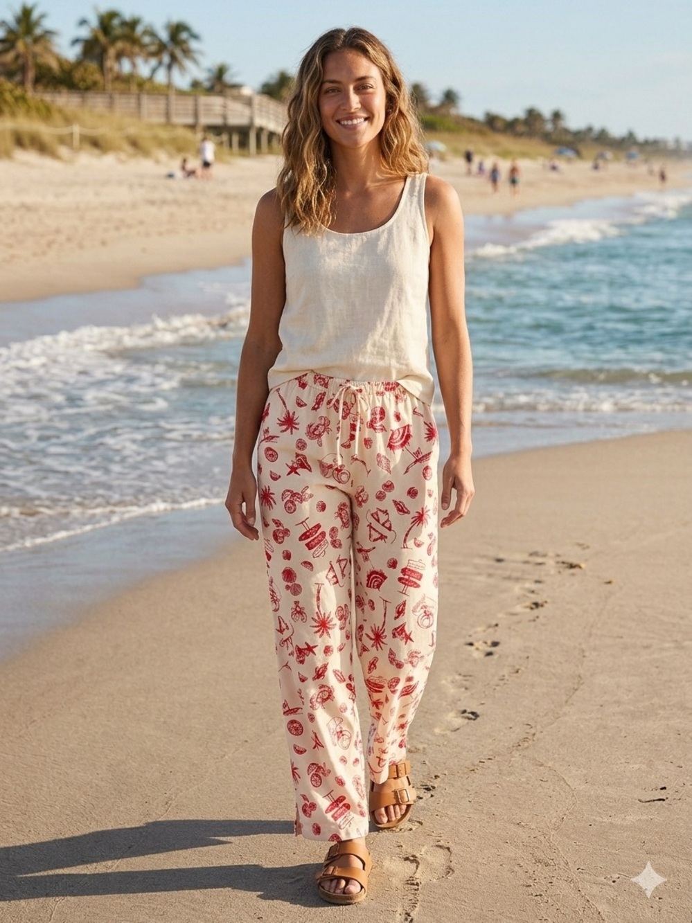 wild fable Linen Cream Drawstring Trousers with Red Beach Print XXS